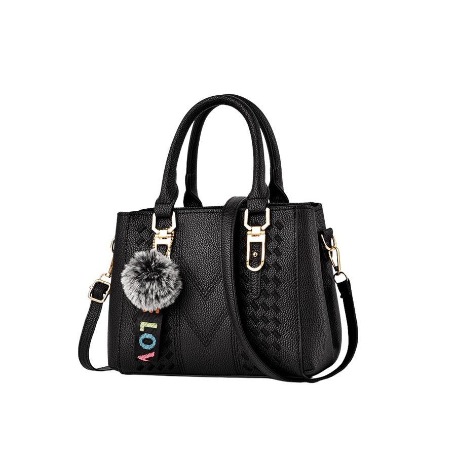 Black weave ladies handbag with detachable pompom and metal tab of handle