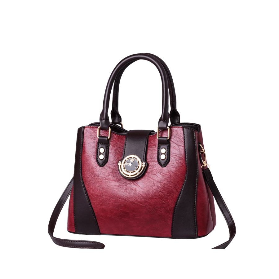 Burgundy ladies handbag with brown trim PU and enemal round hardware