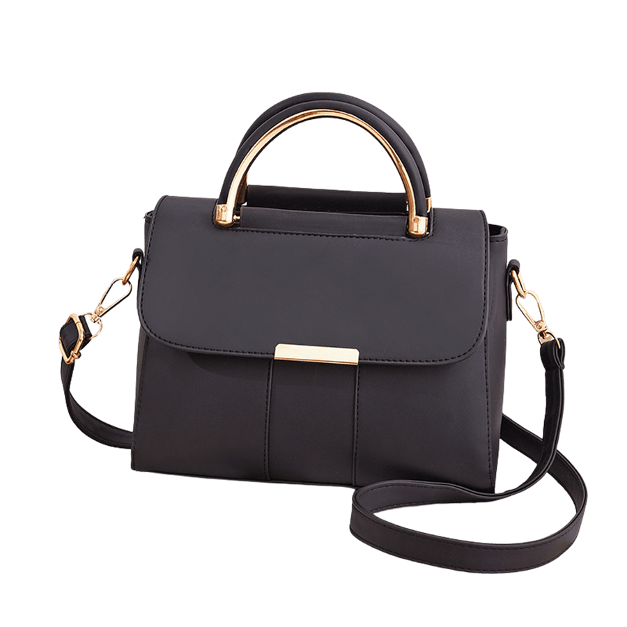 Black ladies handbag with metal handle and metal edge on the flap