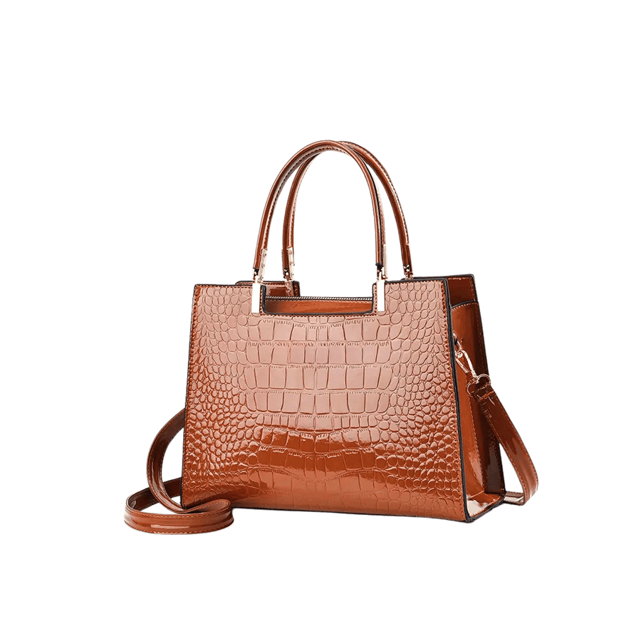 White croco PU ladies tote bag with metal tab on the handle and contrast edge painting