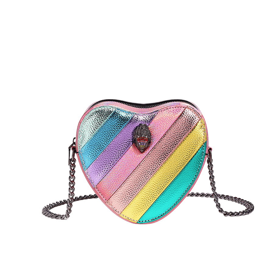 Splicing heart-shaped ladies crossbody bag with decorative hardware and zip closure