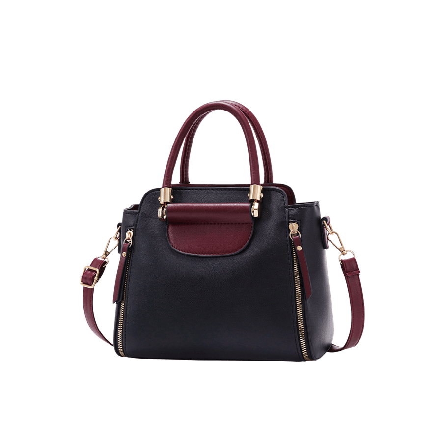 Burgundy ladies handbag with trim PU and metal bar on the handle
