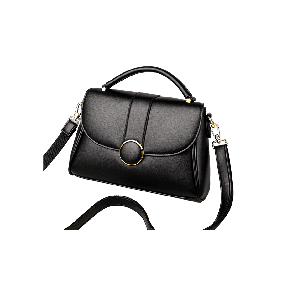 Burgundy ladies handbag with decorative round hardware on the flap and magnetic snap closure