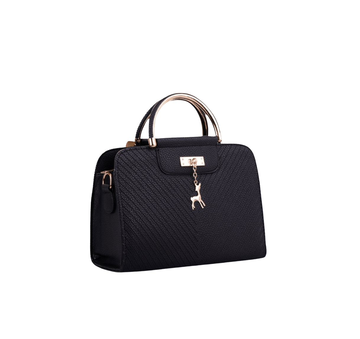 Beige embossed ladies tote bag with metal handle and decorative hardware