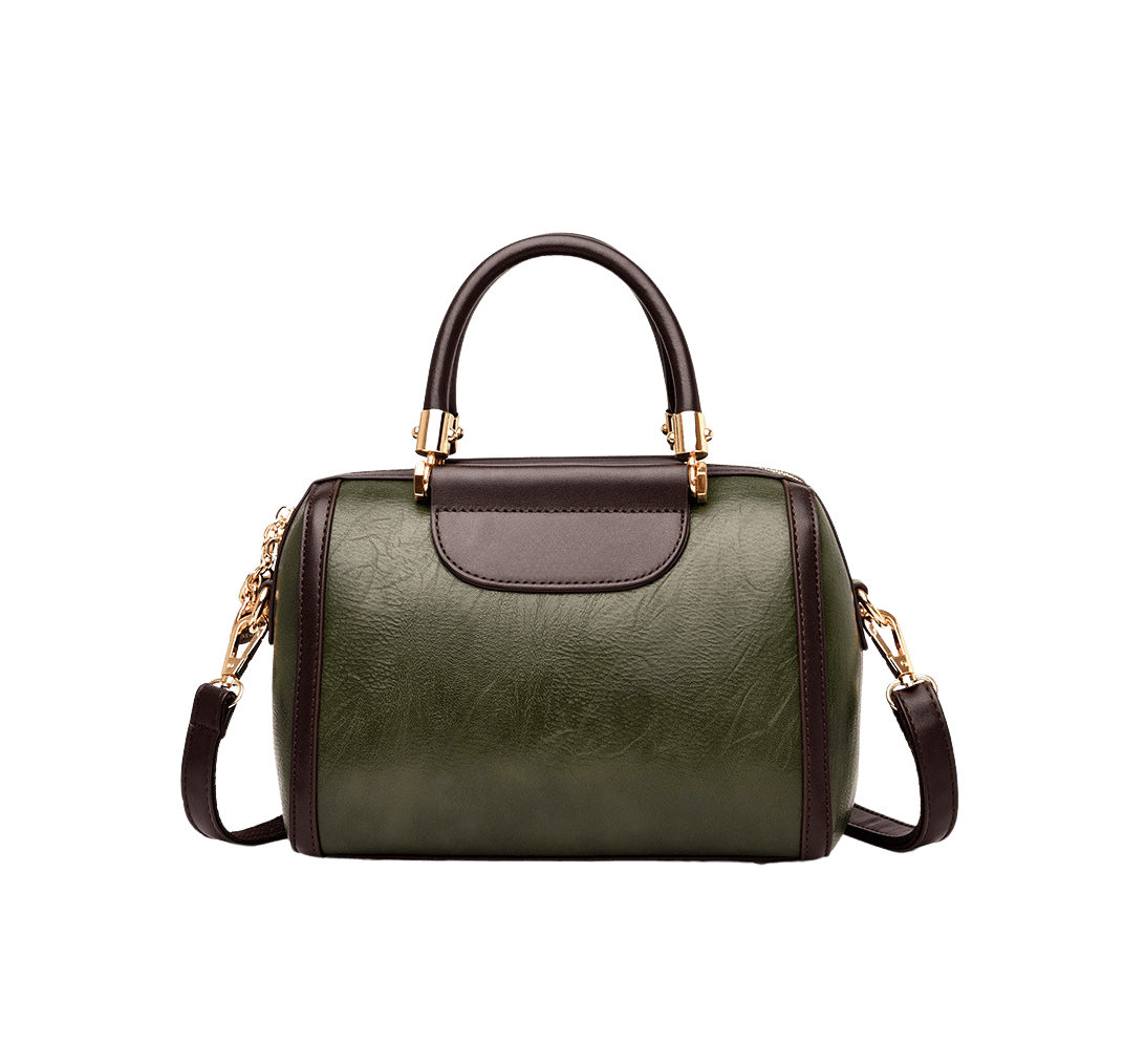 Black mini ladies duffel bag with brown trim PU and metal bar on the handle