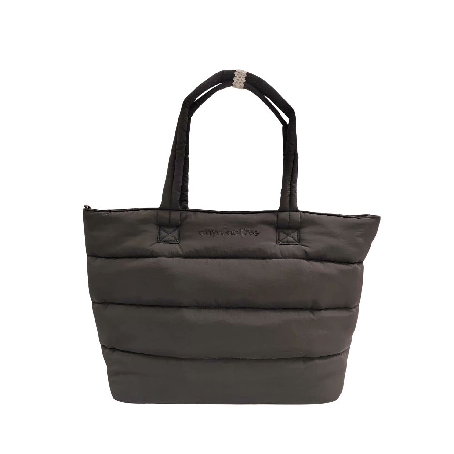 Brown quilting puffy ladies tote bag with top zip closure