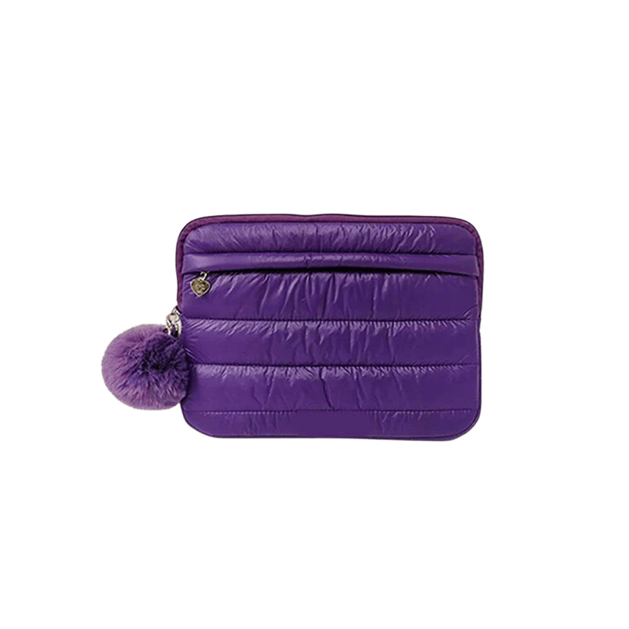Quilting puffy laptop sleeve with detachable pompom and front zip pocket