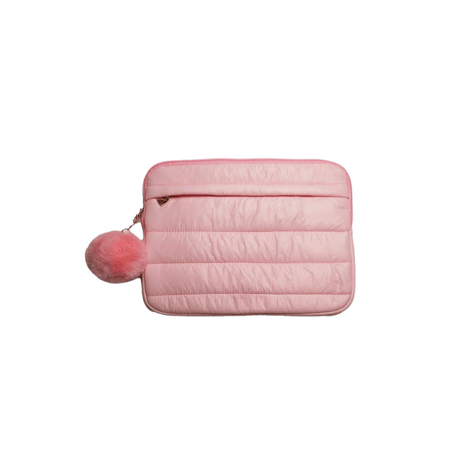 Quilting puffy laptop sleeve with detachable pompom and front zip pocket