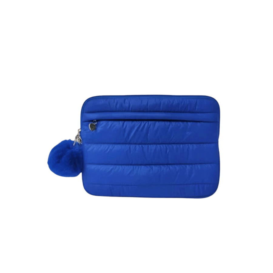 Quilting puffy laptop sleeve with detachable pompom and front zip pocket