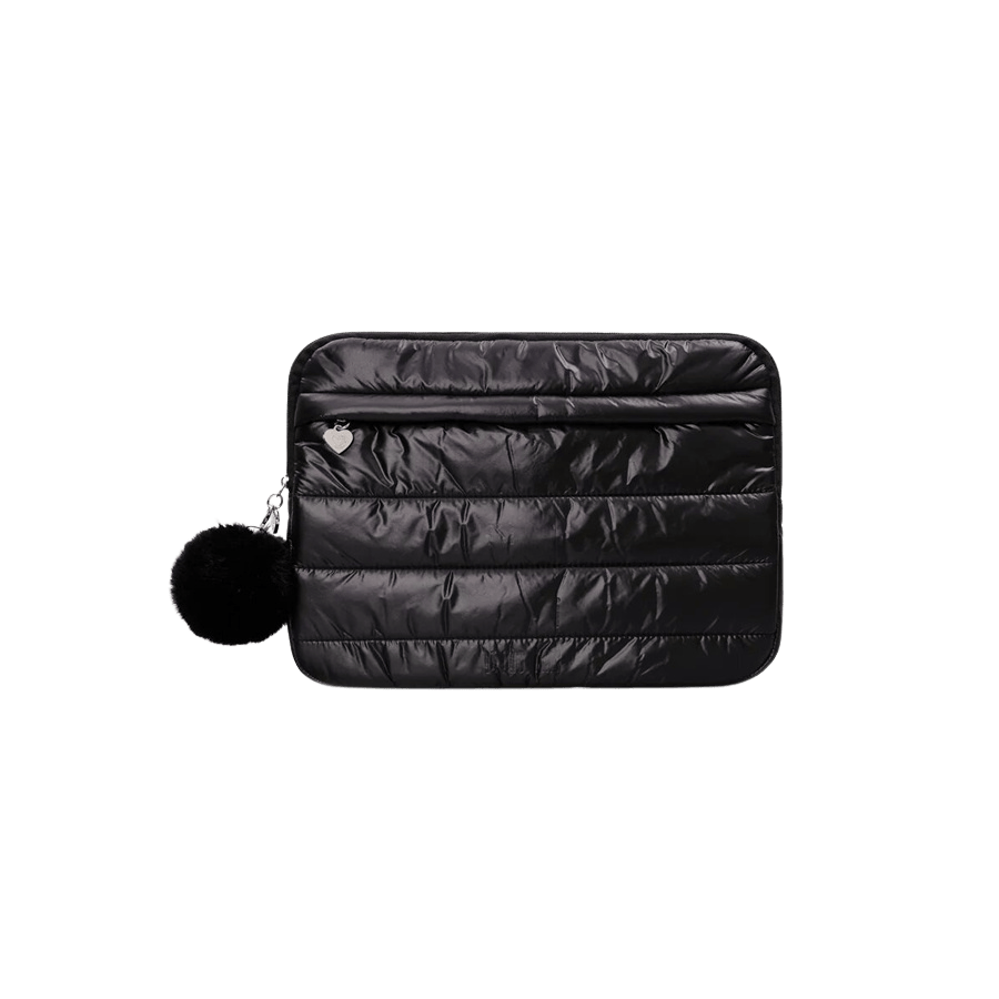 Quilting puffy laptop sleeve with detachable pompom and front zip pocket