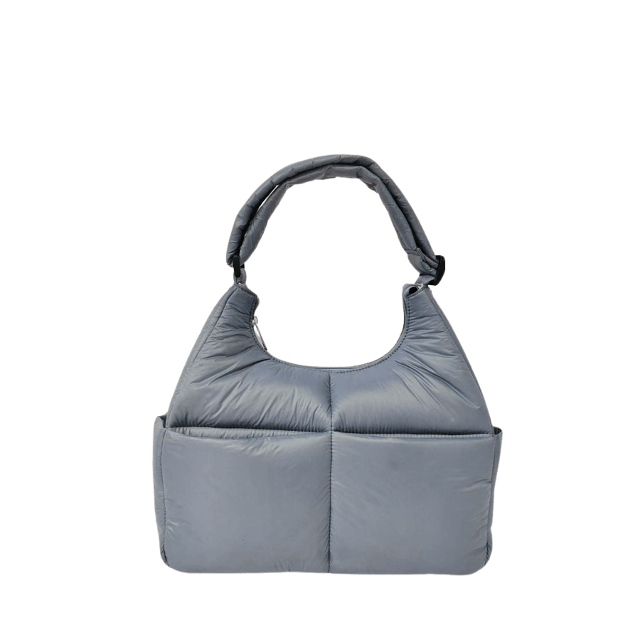Brown puffy quilting ladies handbag with frotn open pocket and top zip closure