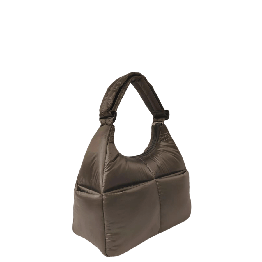Brown puffy quilting ladies handbag with frotn open pocket and top zip closure