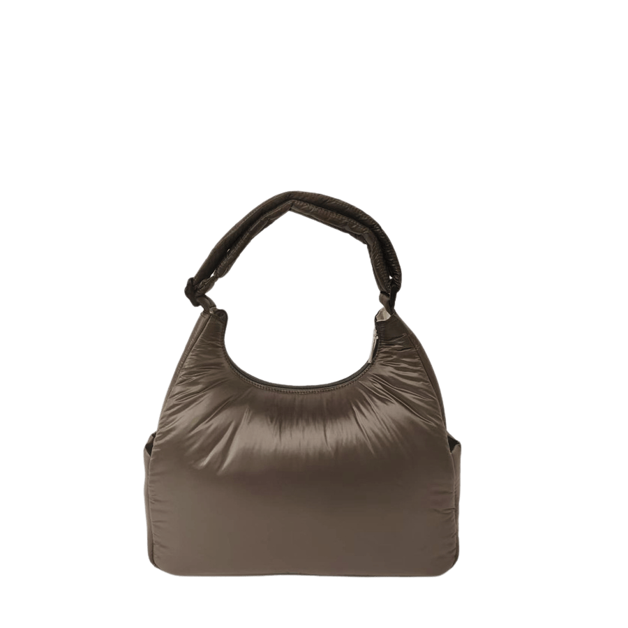 Brown puffy quilting ladies handbag with frotn open pocket and top zip closure