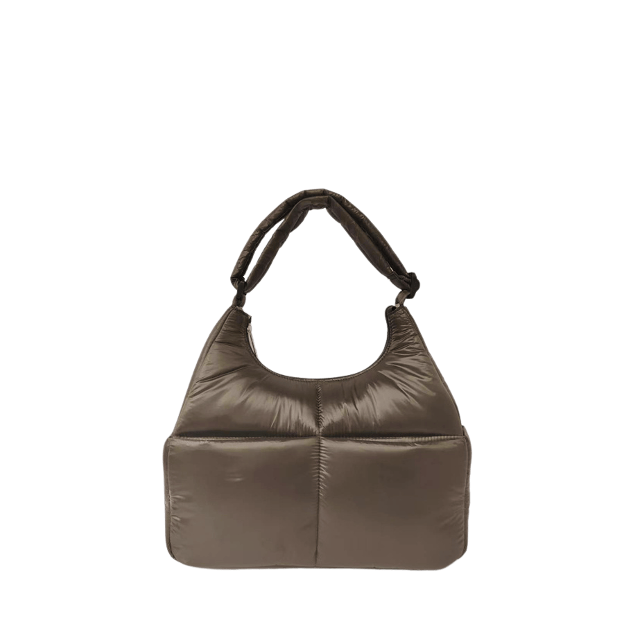 Brown puffy quilting ladies handbag with frotn open pocket and top zip closure