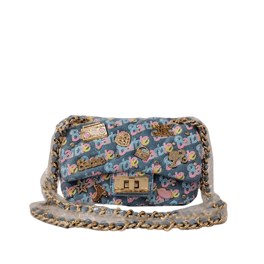 Denim ladies crossbody bag with colorful printings and lock closure
