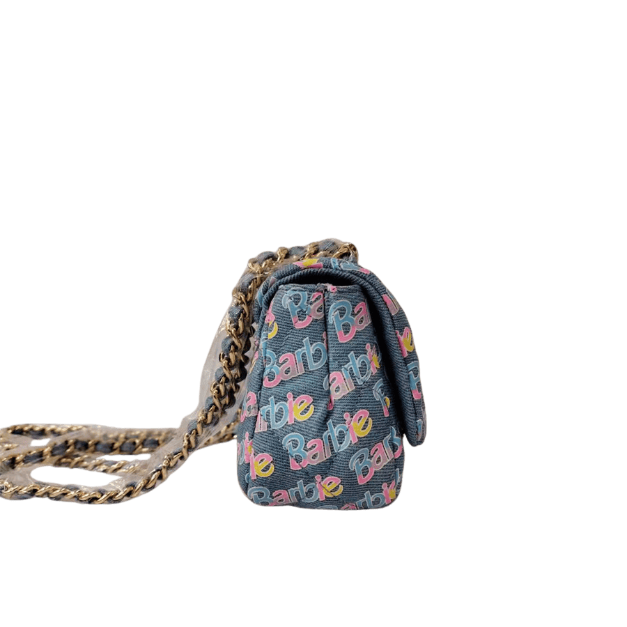 Denim ladies crossbody bag with colorful printings and lock closure