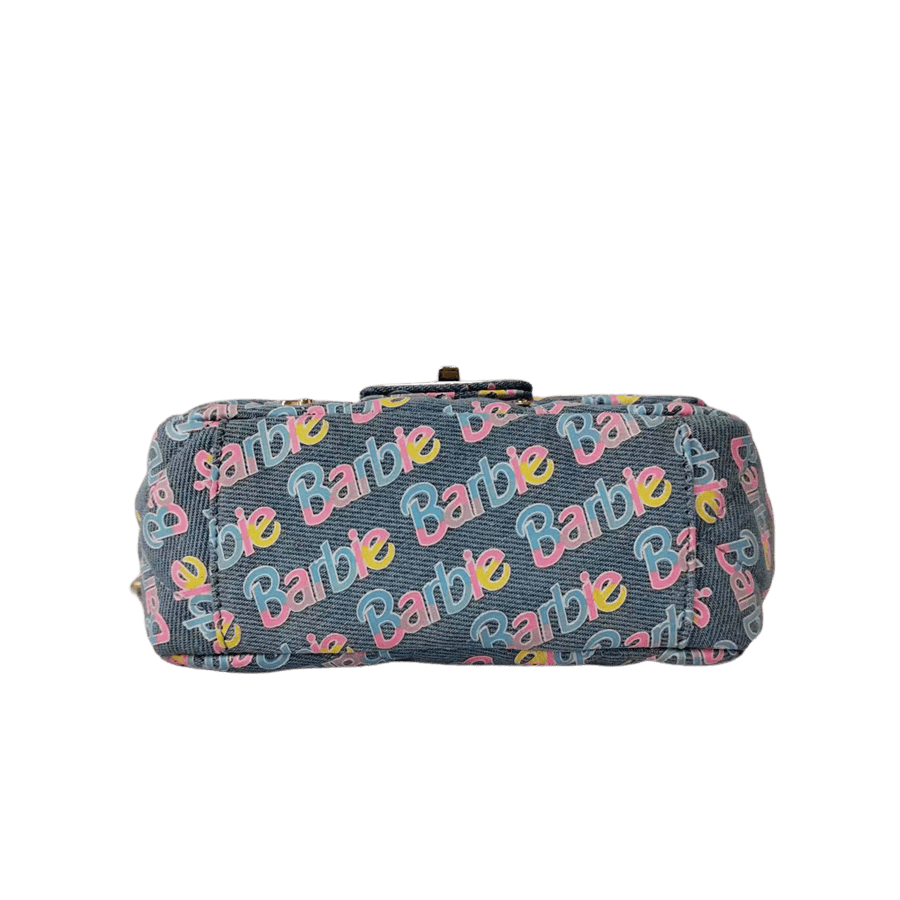 Denim ladies crossbody bag with colorful printings and lock closure