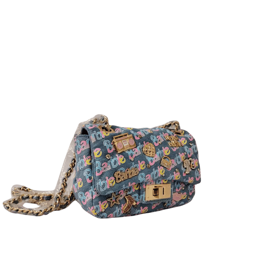Denim ladies crossbody bag with colorful printings and lock closure