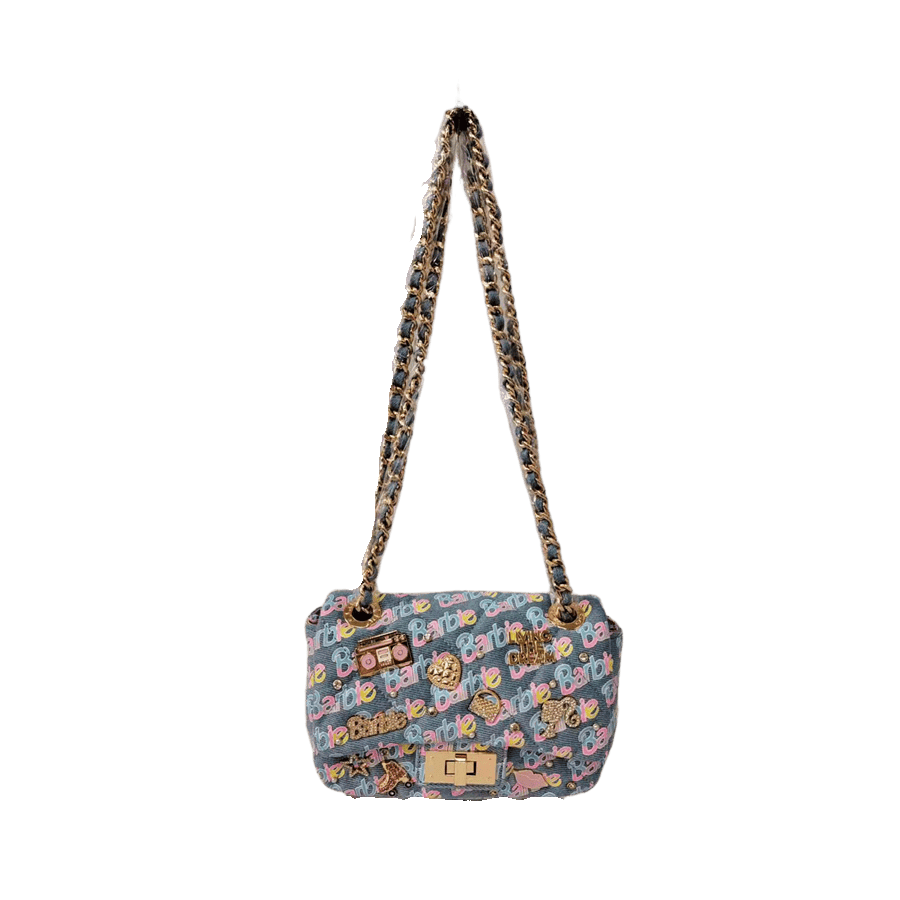 Denim ladies crossbody bag with colorful printings and lock closure