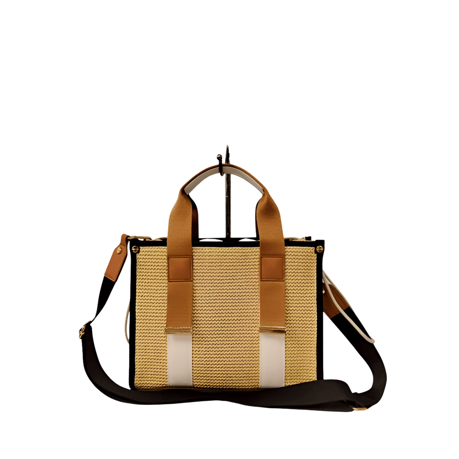 Beige straw ladies handlbag with black trim PU and decorative studs