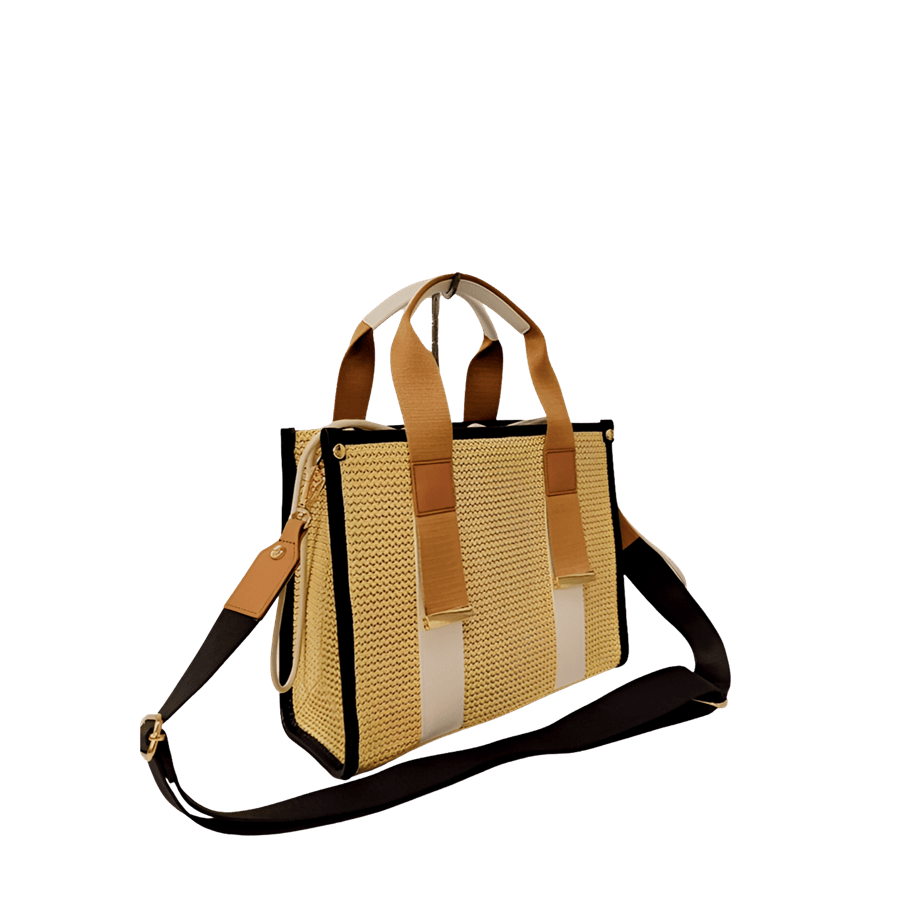 Beige straw ladies handlbag with black trim PU and decorative studs