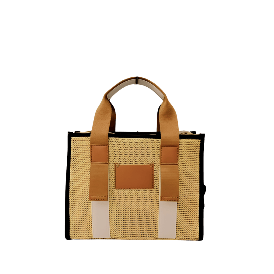 Beige straw ladies handlbag with black trim PU and decorative studs