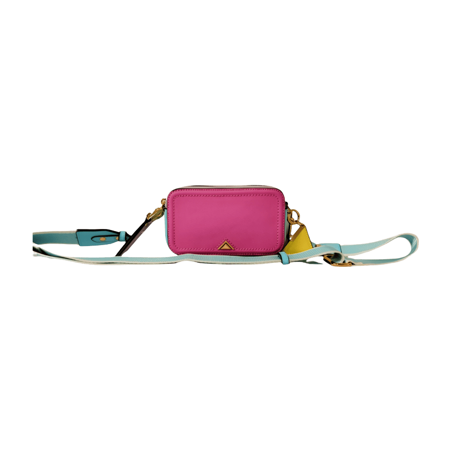 Black ladies crossbody bag with decorative triangle hardware and double zip pocket