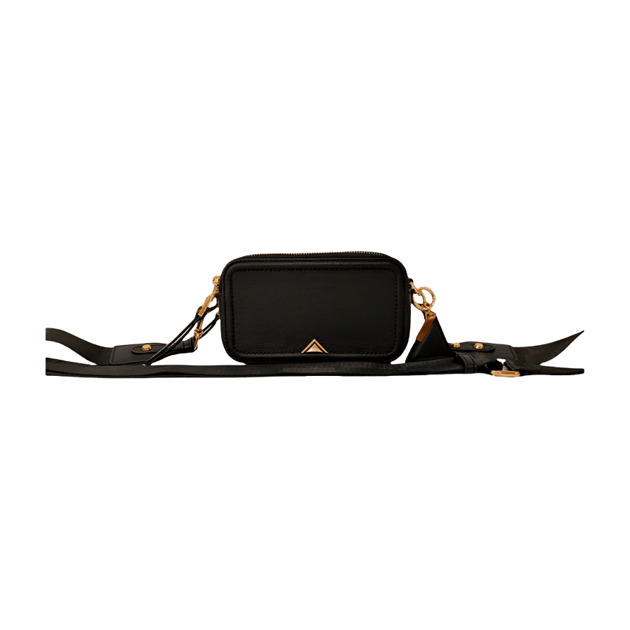 Black ladies crossbody bag with decorative triangle hardware and double zip pocket