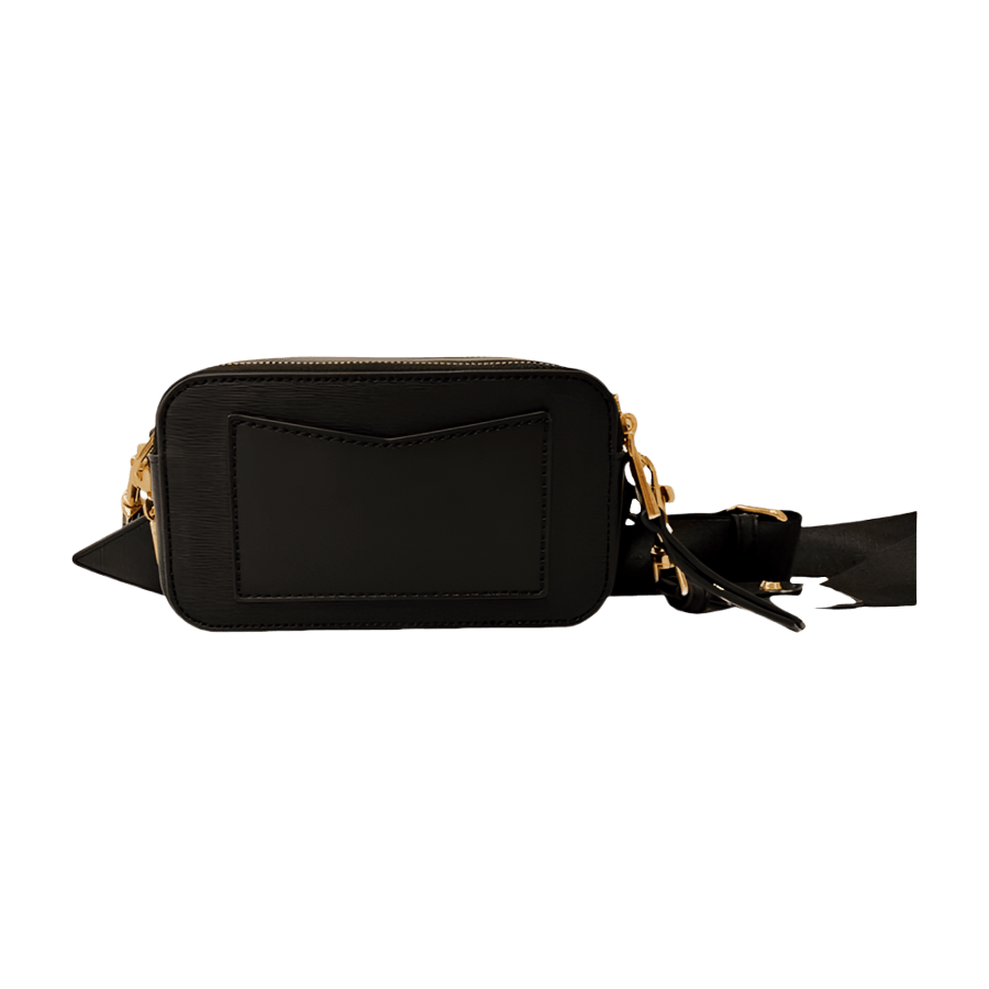 Black ladies crossbody bag with decorative triangle hardware and double zip pocket