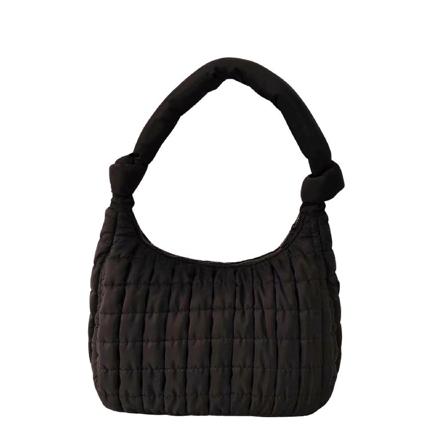 Black puffy quilting bag with knotted handle
