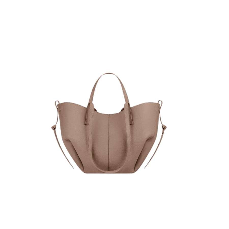 Beige ladies handbag with double handle and middle stitching