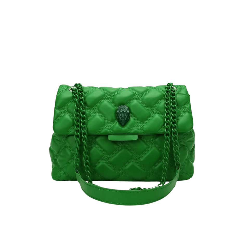 Green ladies quilting handbag with matching chain and decorative hardware on the flap