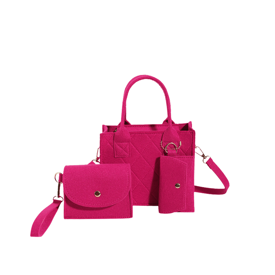 Fuschia ladies handbag sets with decorative stitching