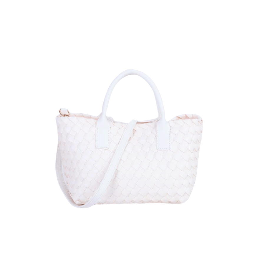 Beige weave PU ladies handbag with white trim and magnetic snap closure