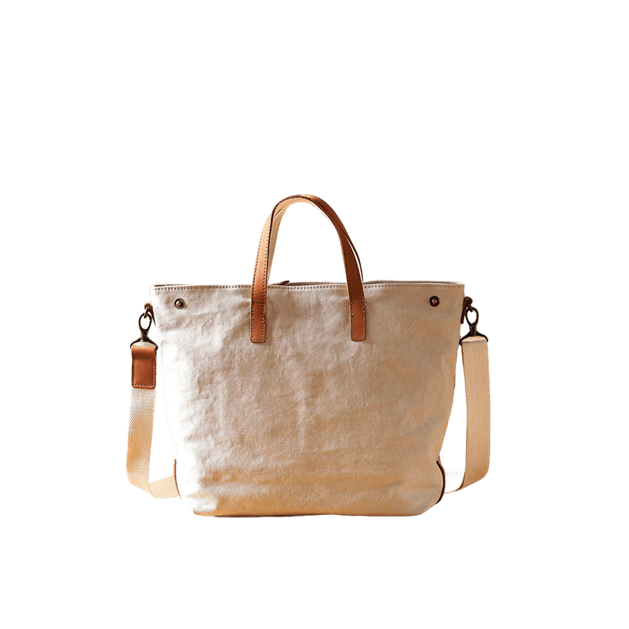 Beige canvas ladies tote bag with brown trim PU and top snaps