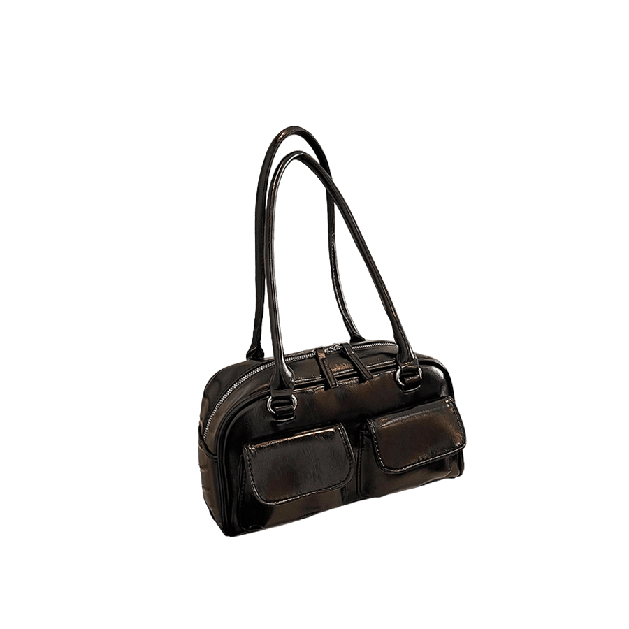 Black patent PU ladies handbag with front pockets and double zipper puller