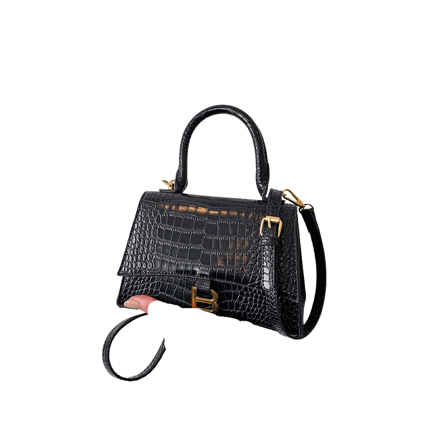 Black croco PU ladies handbag with decorative metal on the flap and magnetic snap closure