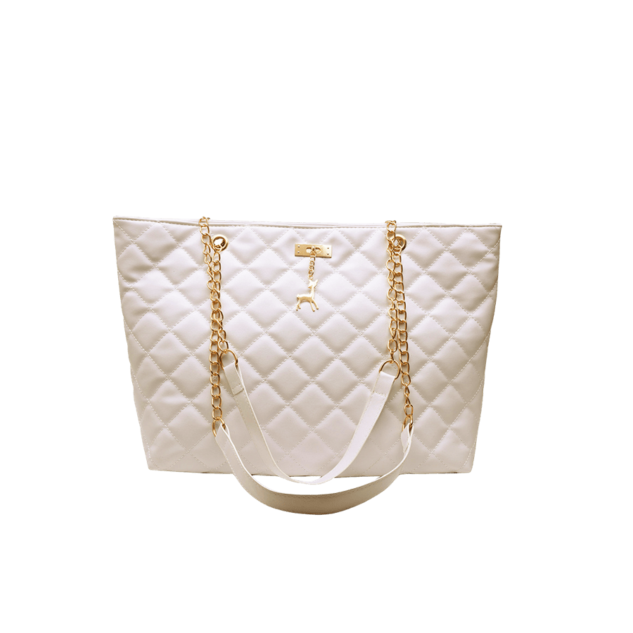 Beige ladies quilting tote with metal hangtag