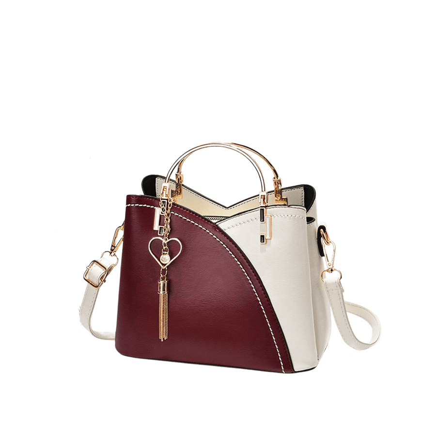 Splicing PU ladies handbag with metal handle and detachable hangtag