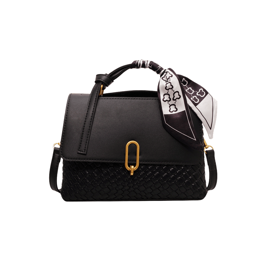 Black weave PU ladies handbag with scarf and lock closure