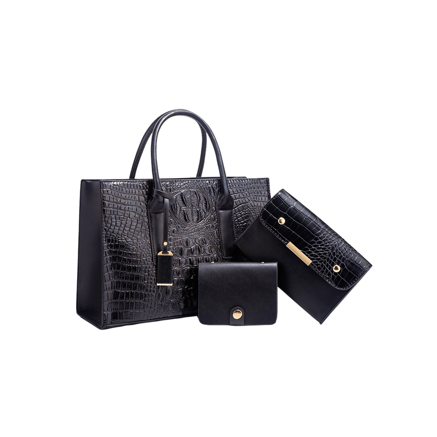 Black ladies croco PU handbag sets with detachable PU hangtag