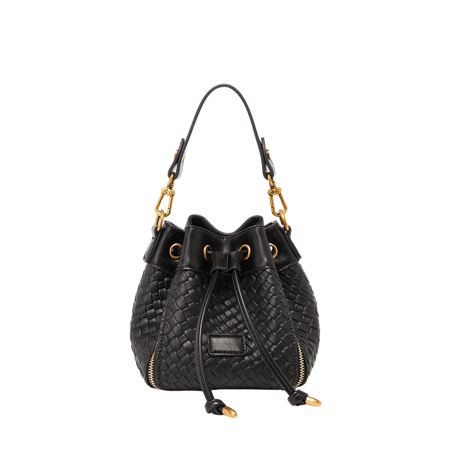 Black weave PU ladies handbag with drawstring closure and front zip pocket