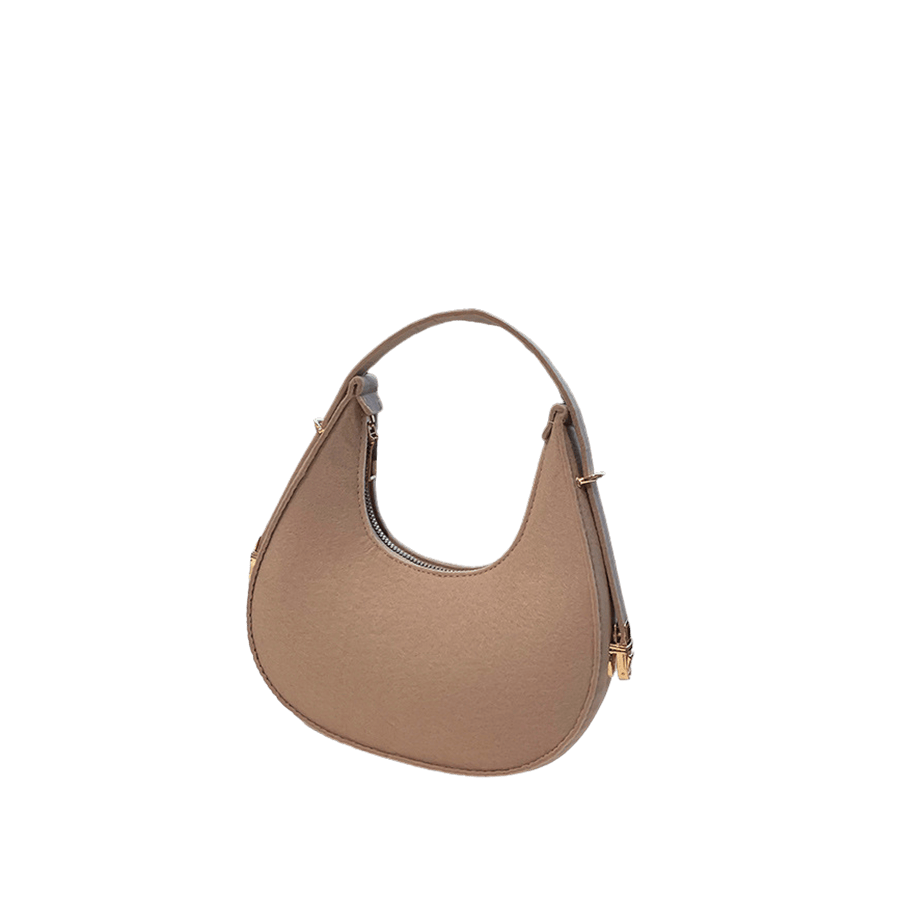 Khaki ladies handbag with metal bridge and lock on the handle