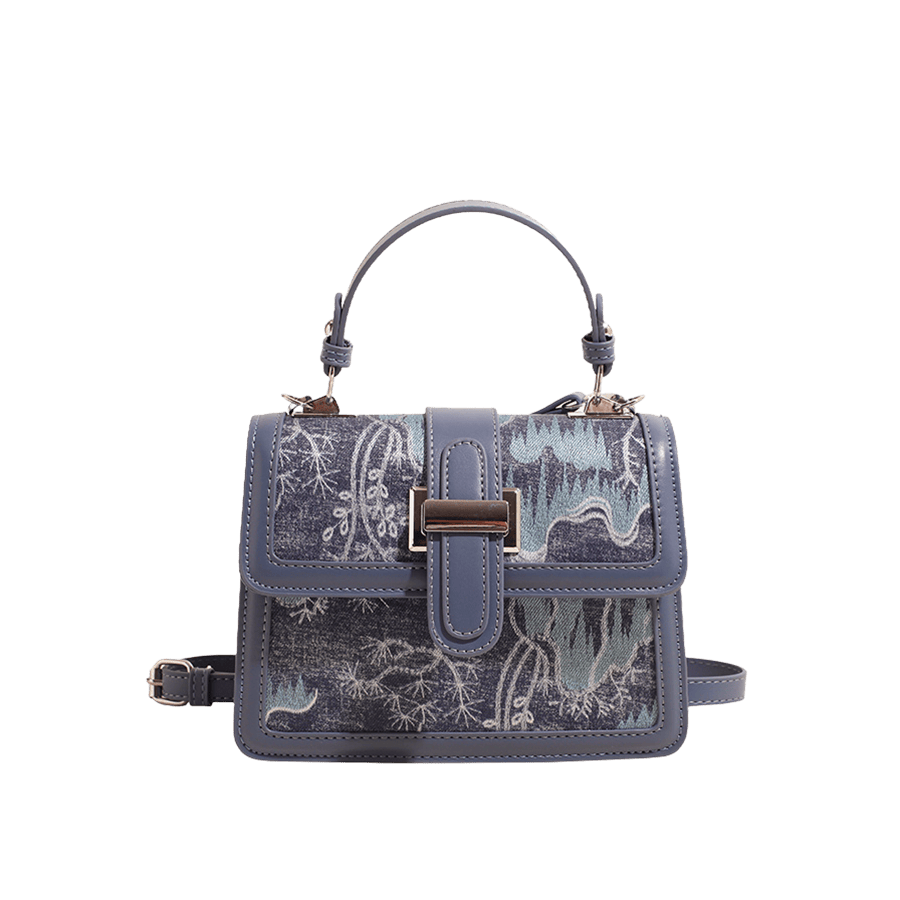 Blue denim printing ladies handbag with blue trim PU and metal bridge on the flap