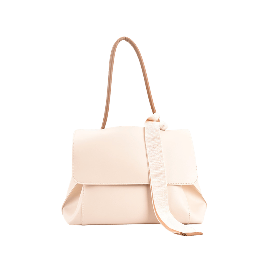 Beige ladies handbag with camel trim PU and matching ribbon on the handle