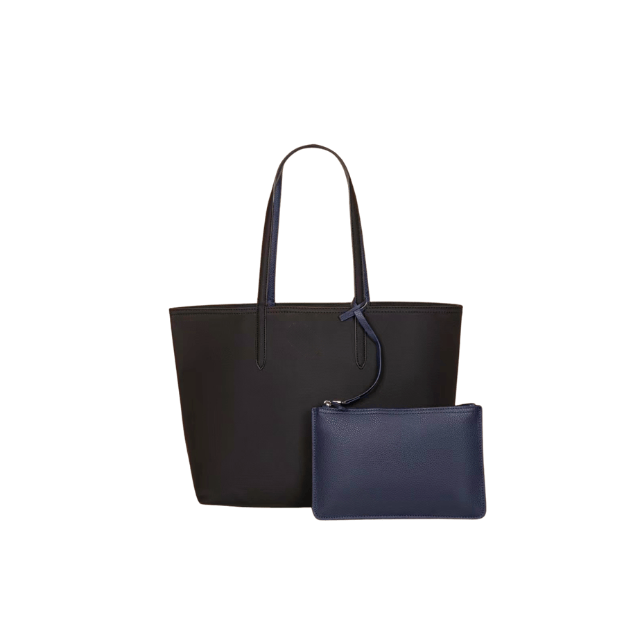 Black nylon tote bag with navy trim PU wrist bag