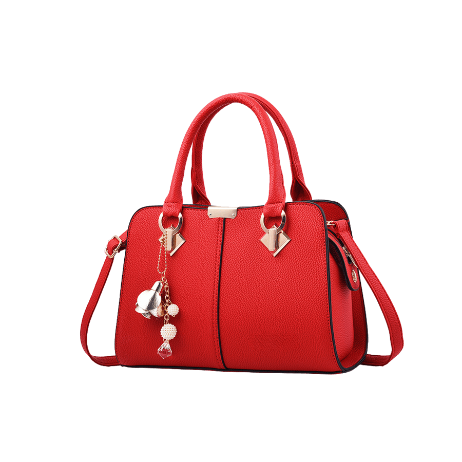 Beige ladies handbag with detachable metal flower hangtag and contrast edge painting