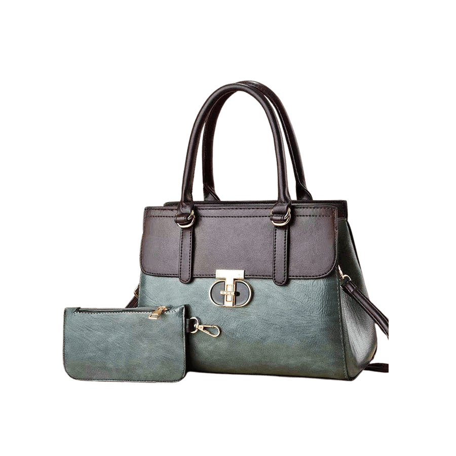Green ladies handbag sets with black trim PU and enemal lock closure