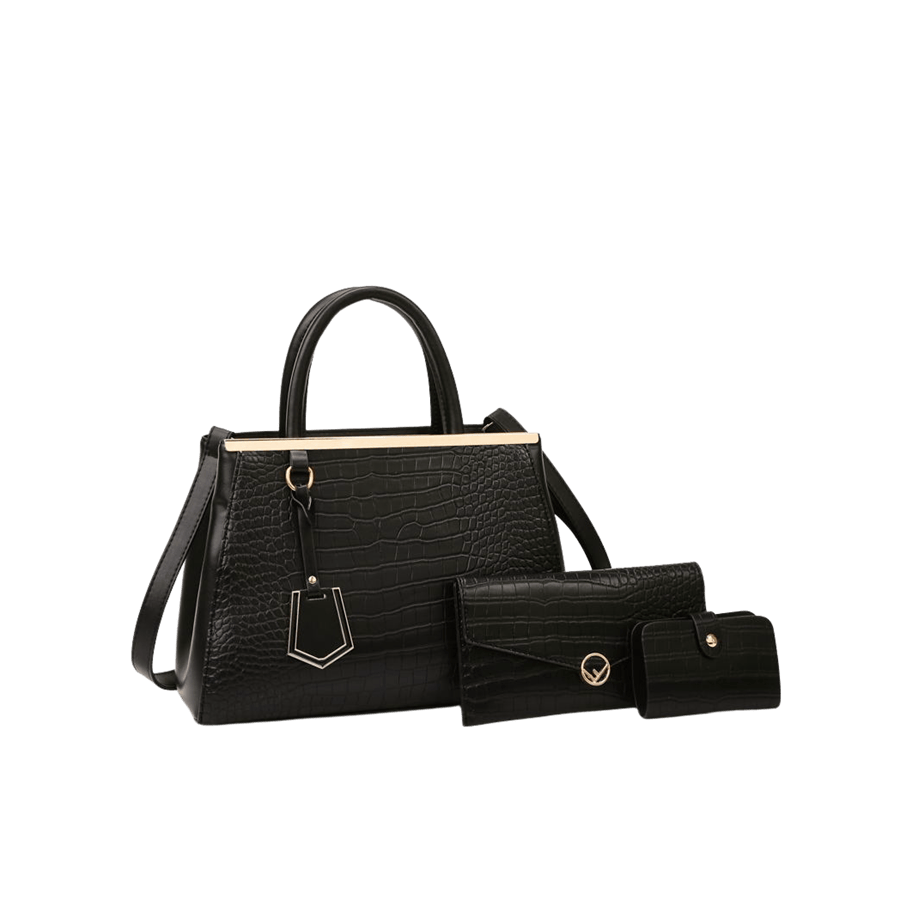 Black croco PU ladies handbag sets with long metal edge and detachable metal hangtag