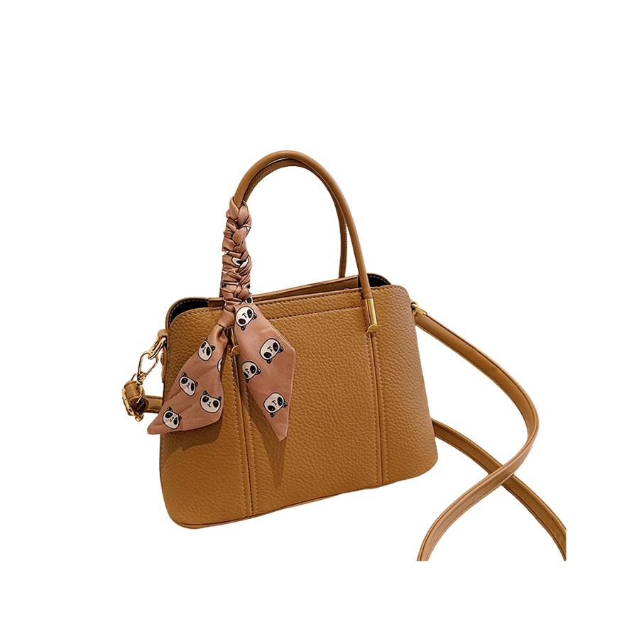 Camel splicing ladies handbag with decorative scarf and metal tab of the handle